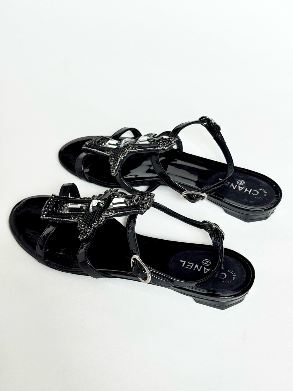 CHANEL Black Patent Leather Beaded and Jeweled Slingback Sandals - Size 36 - Picture 5 of 10